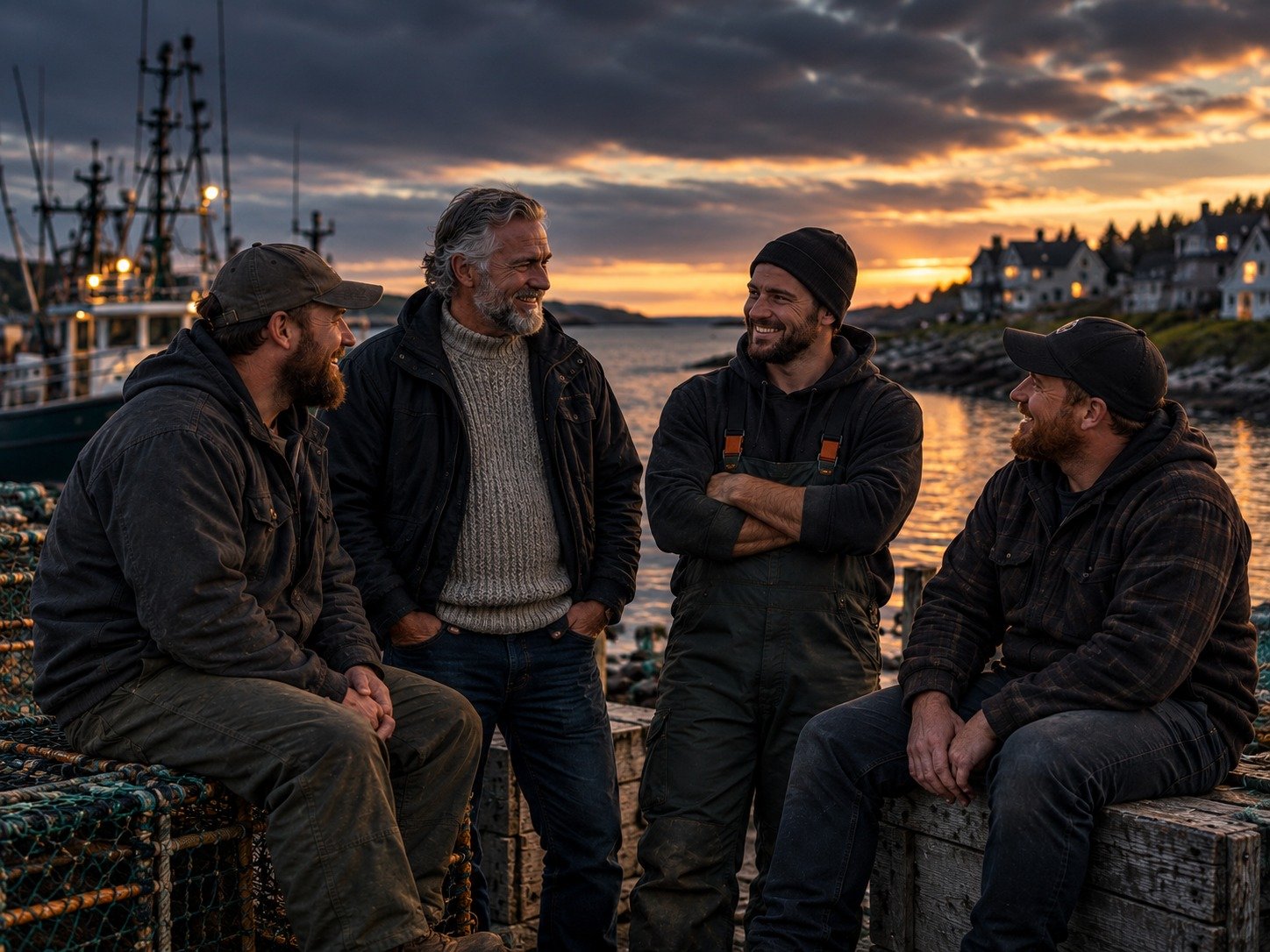 Four men sharing a relaxed moment together in a Maritime setting