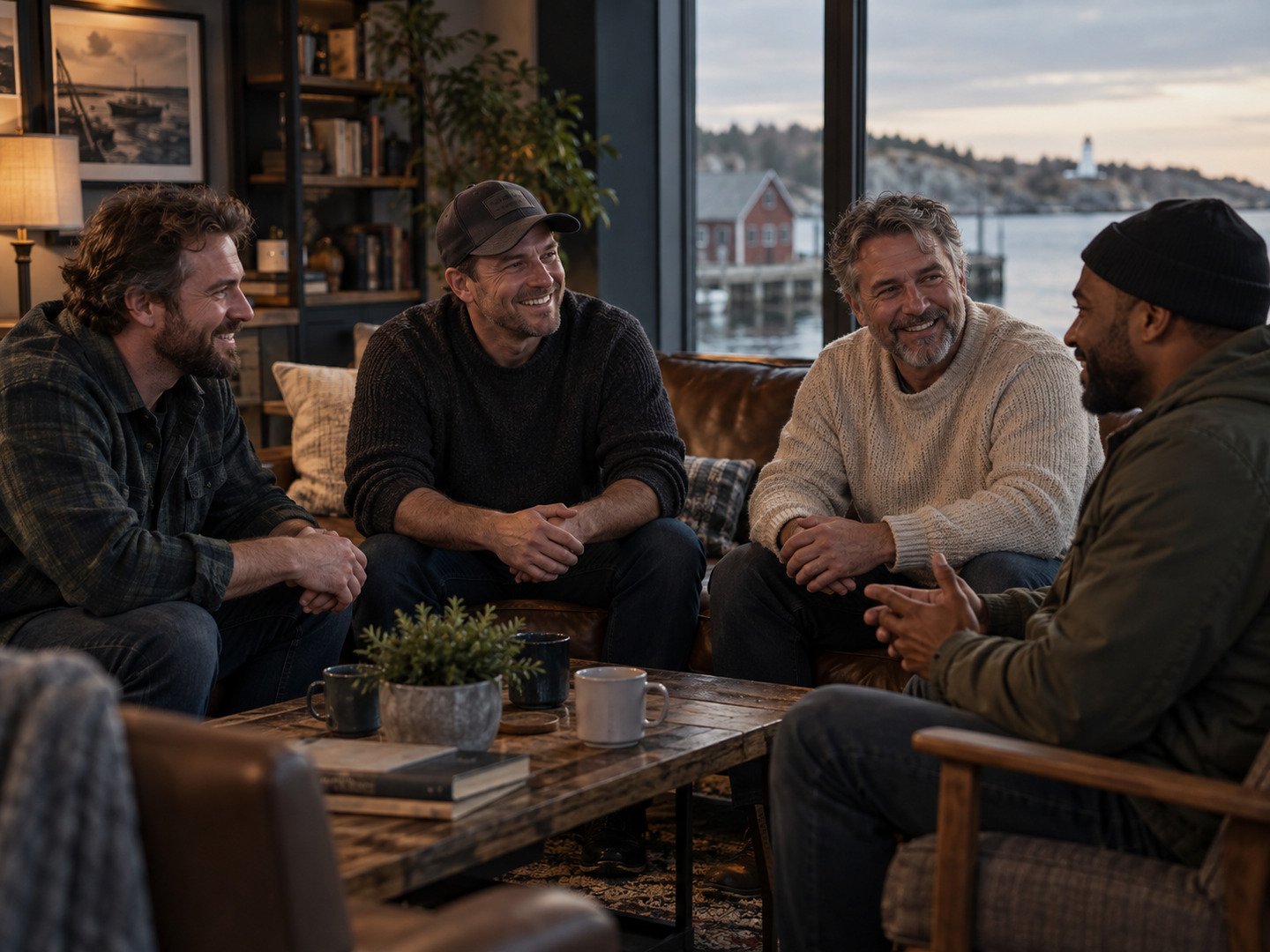 Four men sharing a relaxed moment together in a Maritime community setting