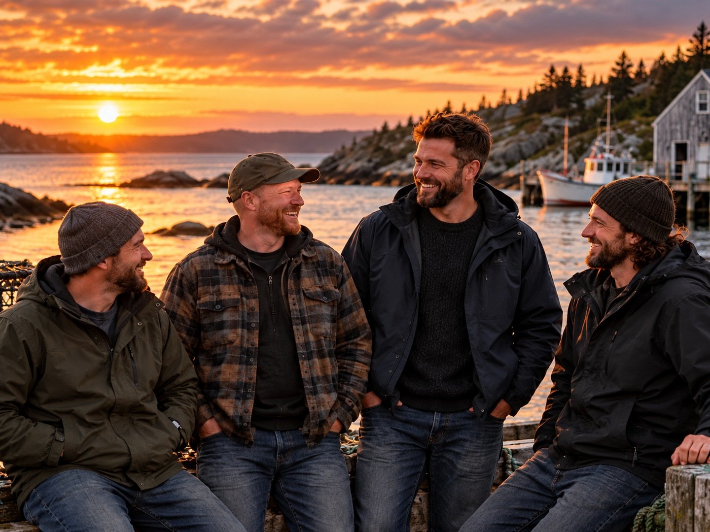 Four men sharing a relaxed moment together in a Maritime setting